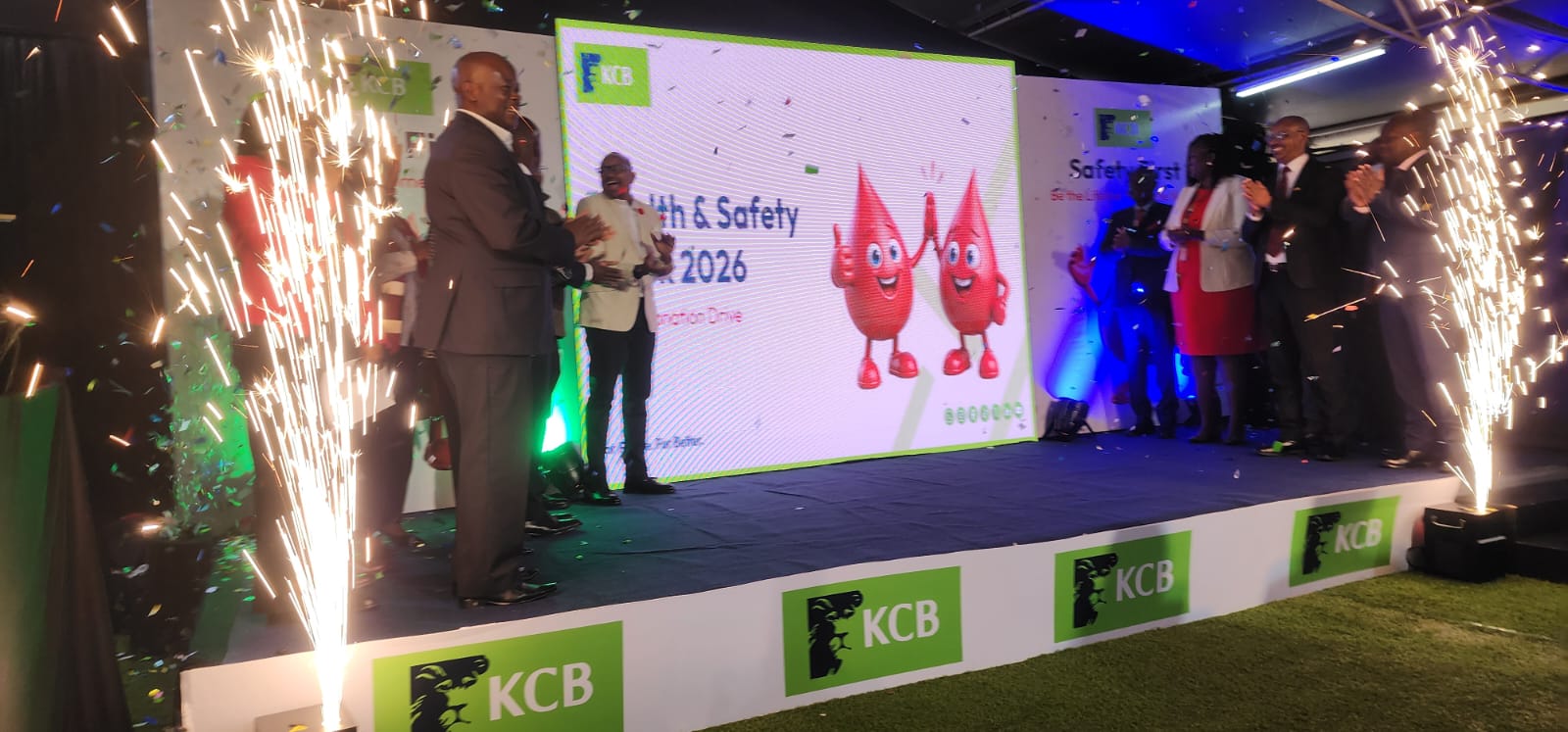 KCB Health and Safety Week 2026 launch with stage pyrotechnics and LED screen in Nairobi