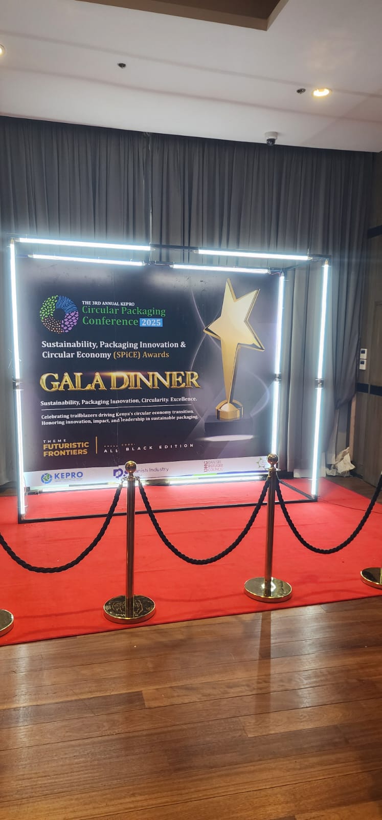 KEPRO Circular Packaging Conference SPiCE Awards gala dinner red carpet and lit backdrop in Nairobi