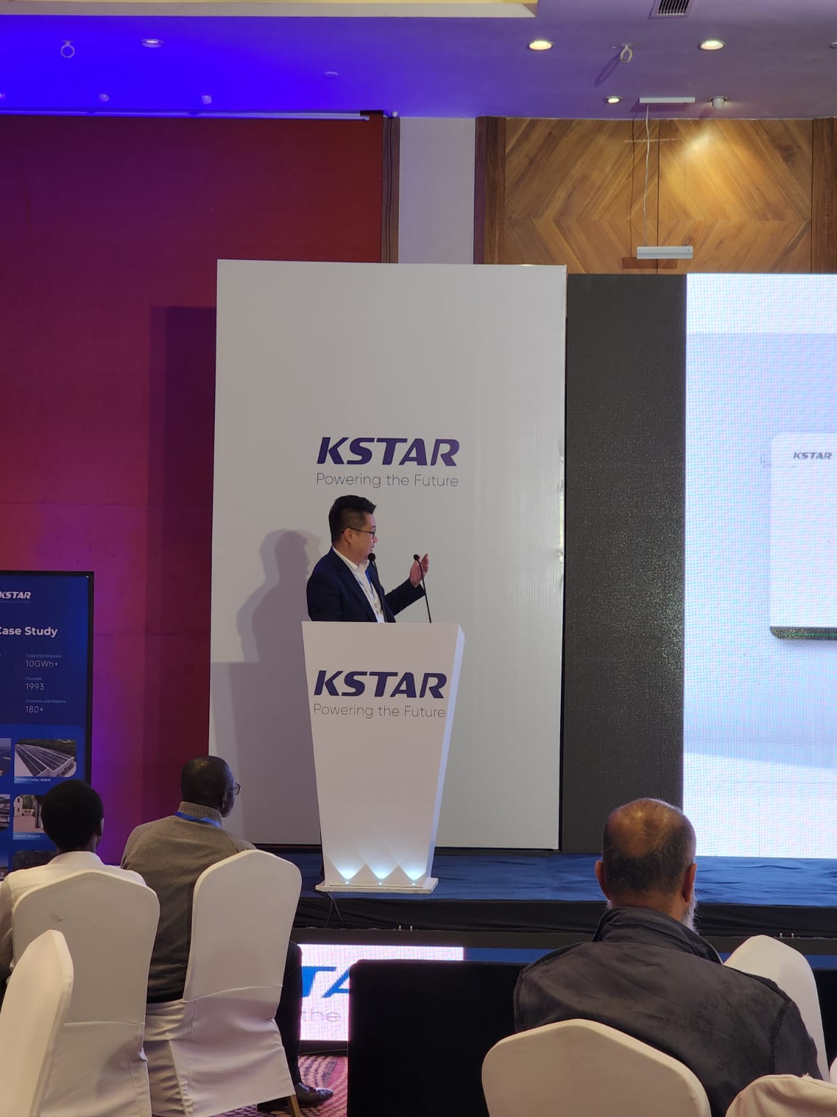 Keynote speaker at the KSTAR branded podium during a product launch in Nairobi
